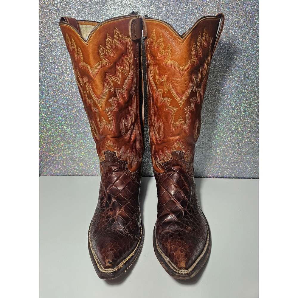 JUSTIN Vintage Exotic Caiman Crocodile Western Boots Brown Zippered Men 6.5 D W8 - Picture 3 of 10